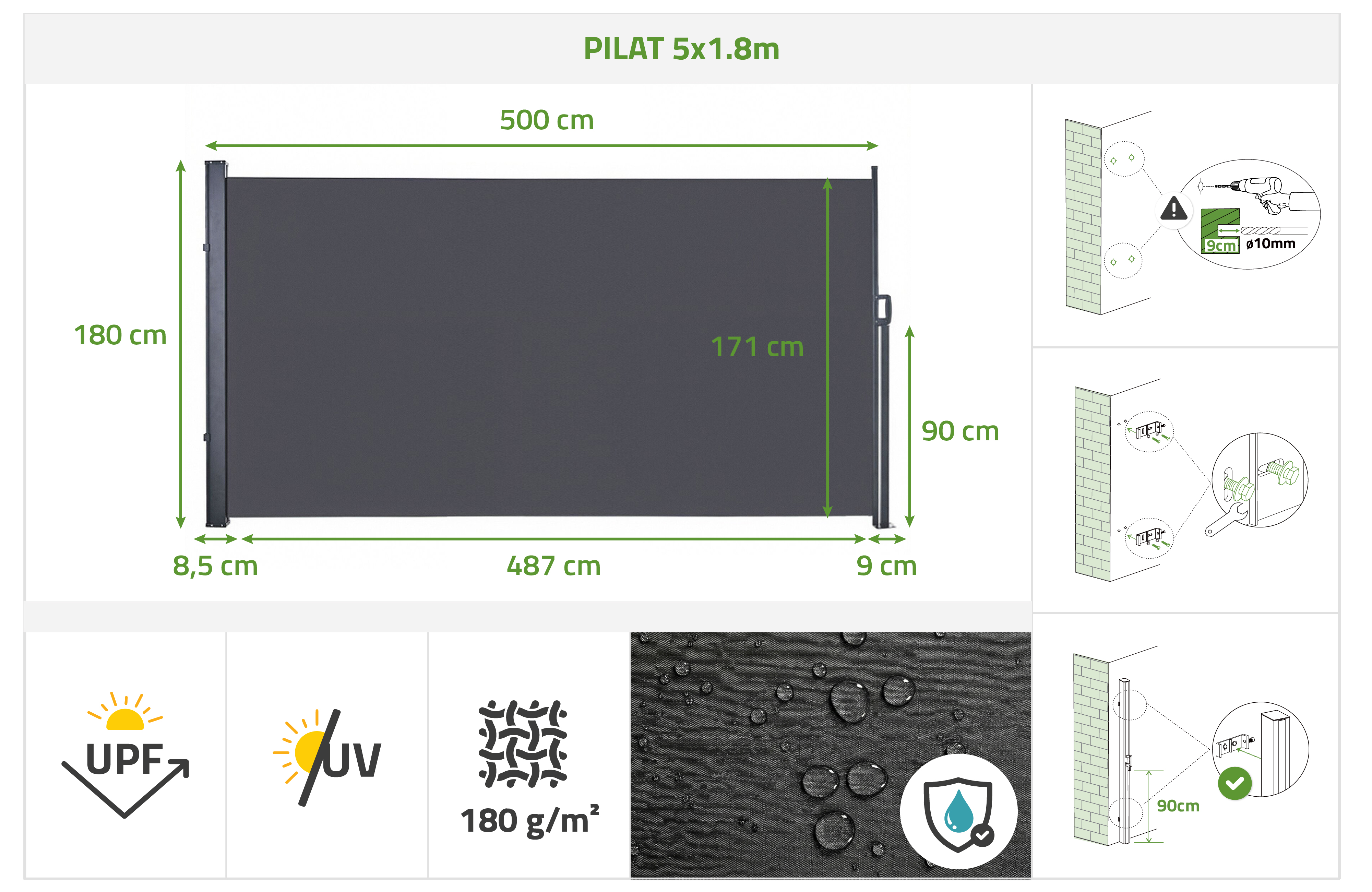 Paravent extérieur rétractable PILAT 5x1,8 m gris anthracite 13