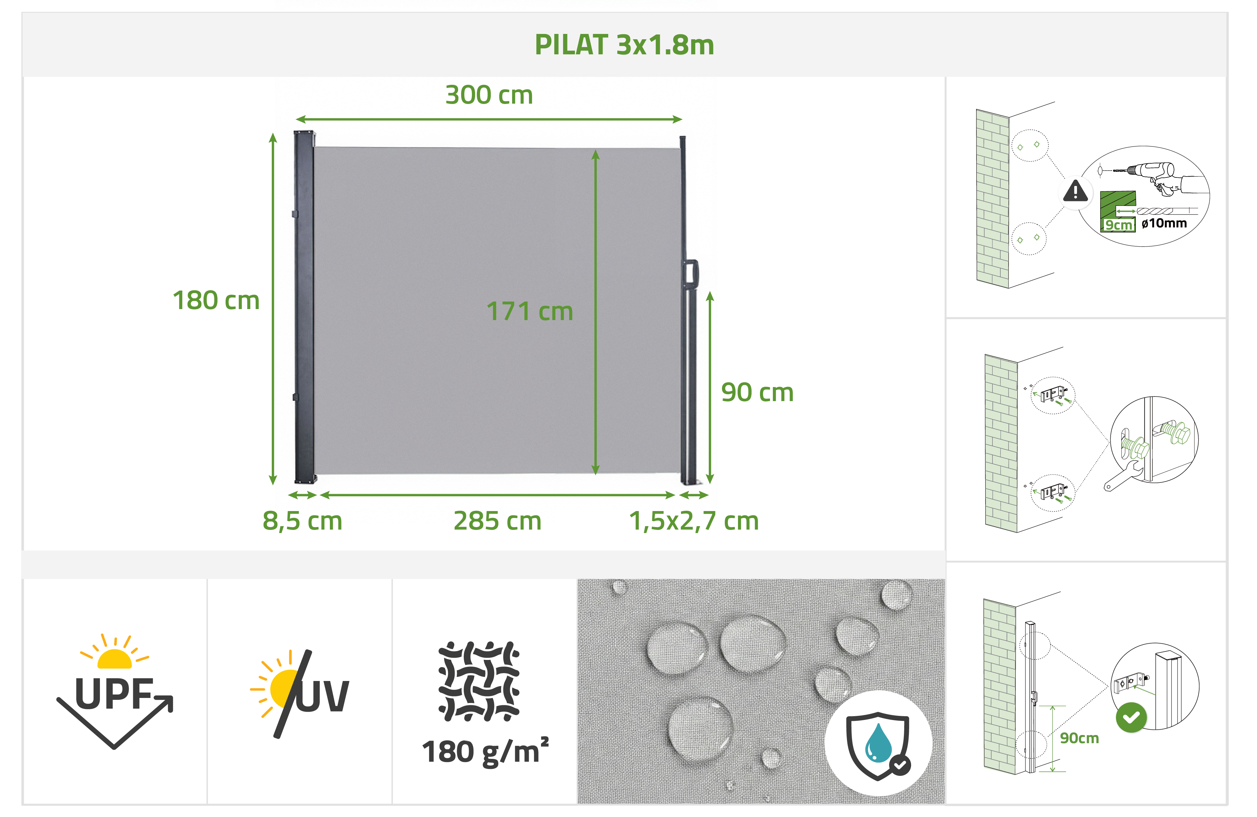 Copertină laterală retractabilă PILAT 3x1,8 m gri deschis 13