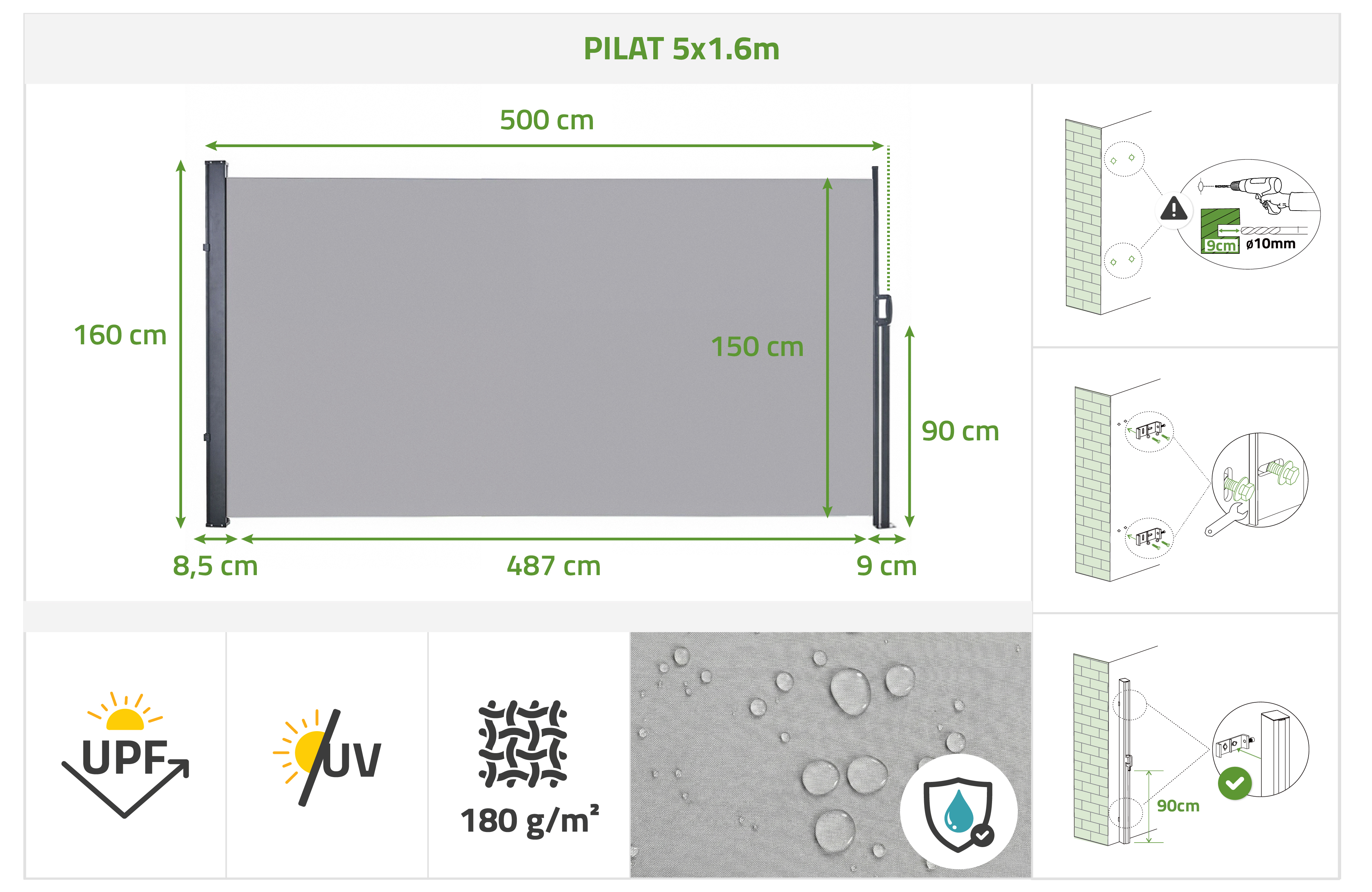 PILAT retractable side awning 5x1.6 m light grey 13