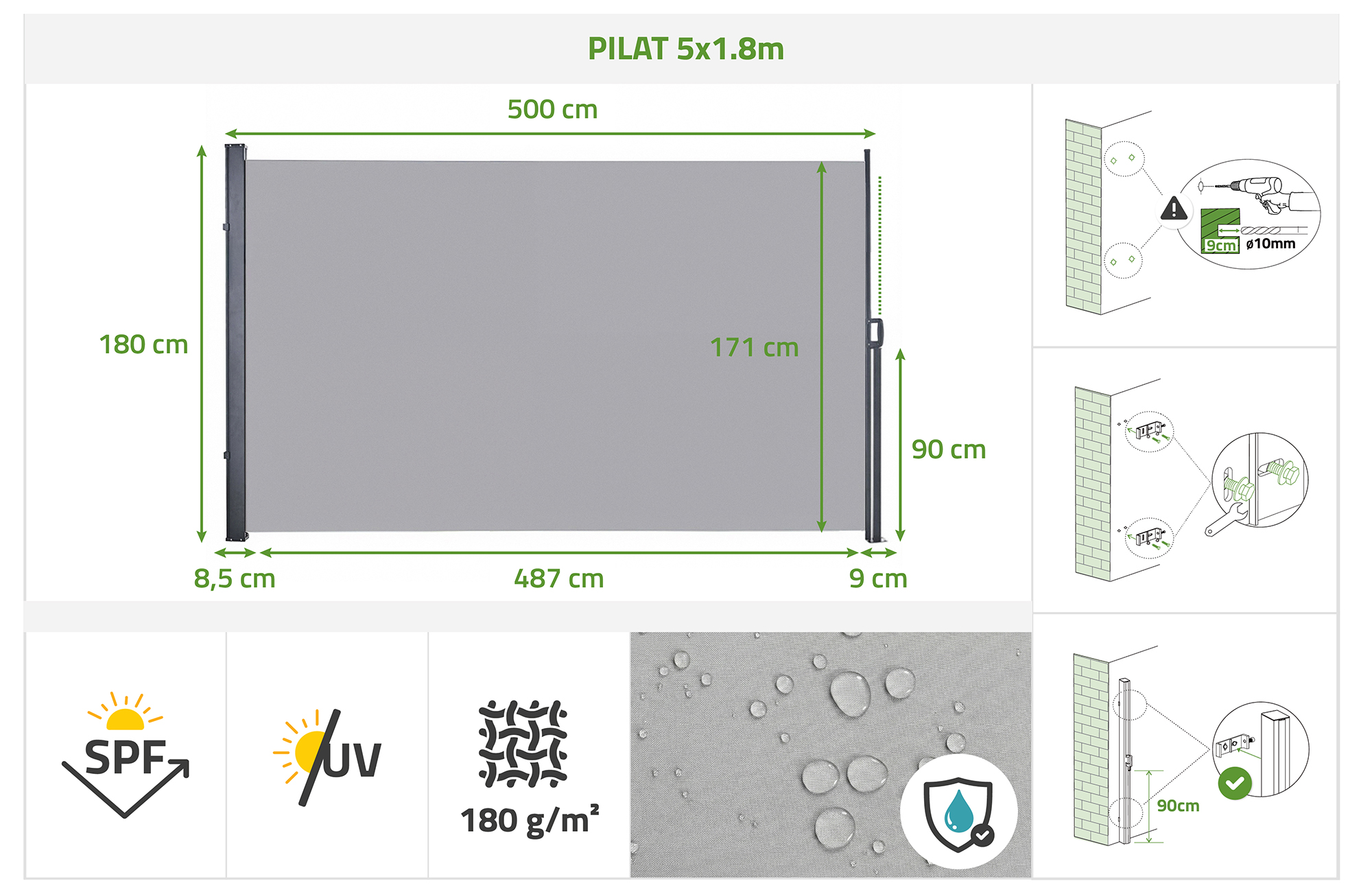 PILAT kihúzható oldalsó napellenző 5x1,8 m világosszürke 13