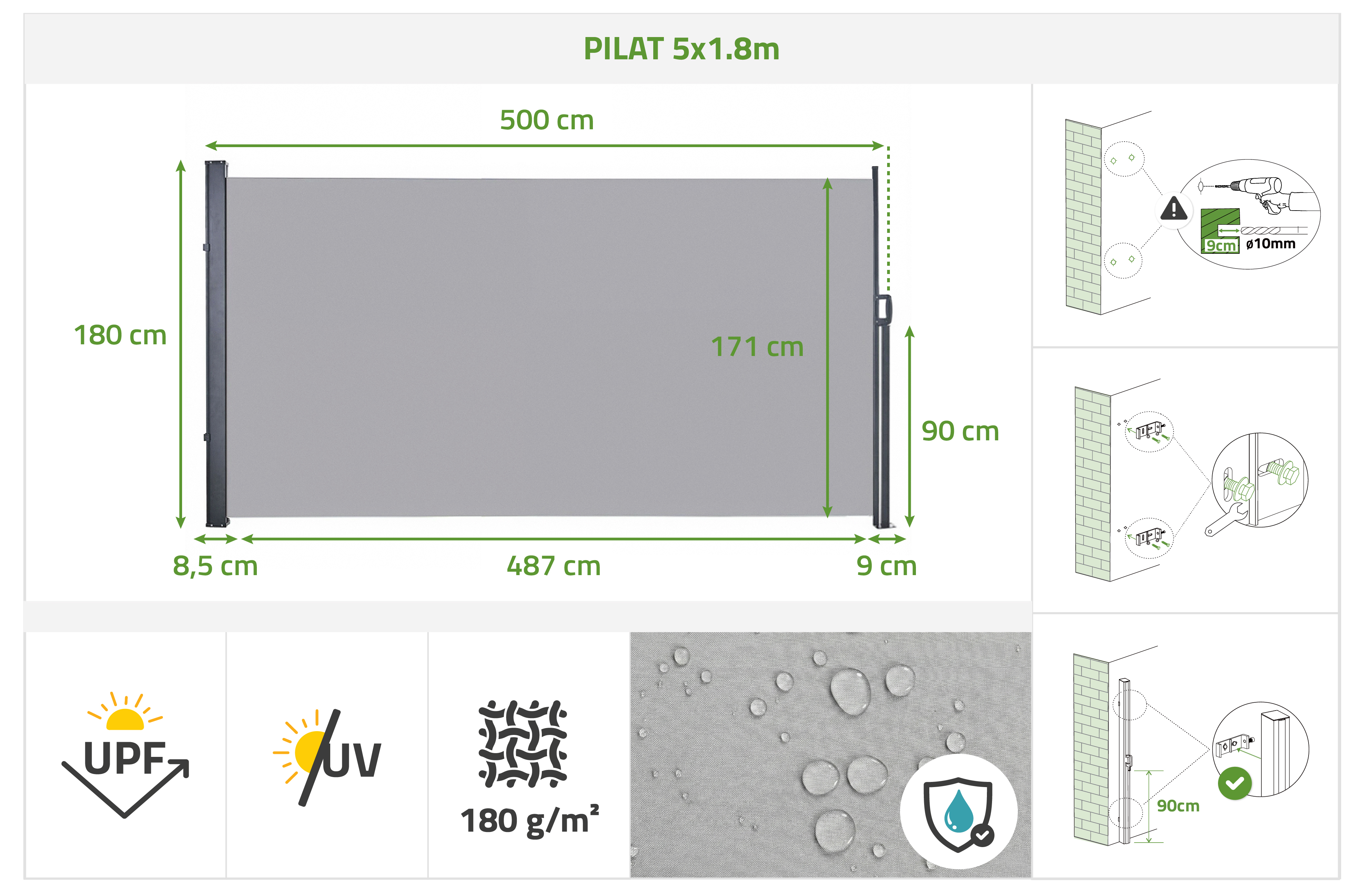 PILAT einziehbare Seitenmarkise 5x1,8 m hellgrau 13