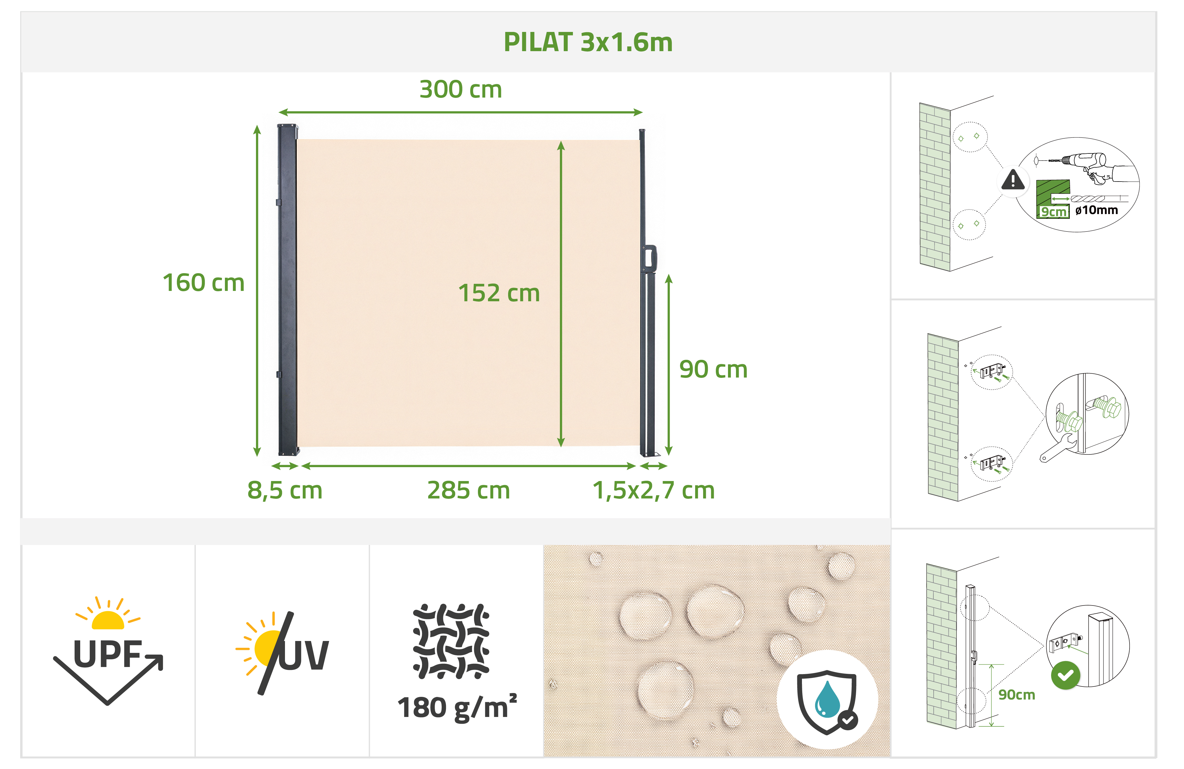PILAT 3x1.6m beige retractable side awning 13