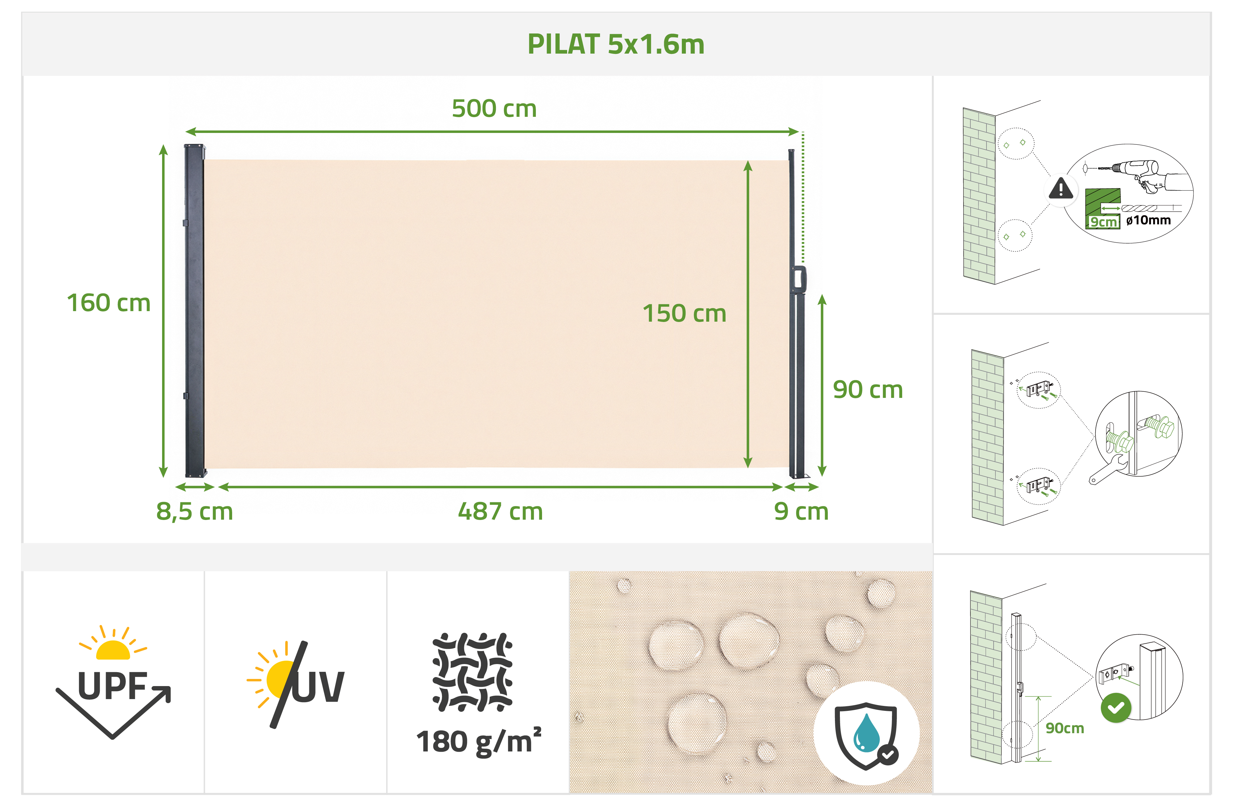 PILAT kihúzható oldalsó napellenző 5x1,6 m bézs 13