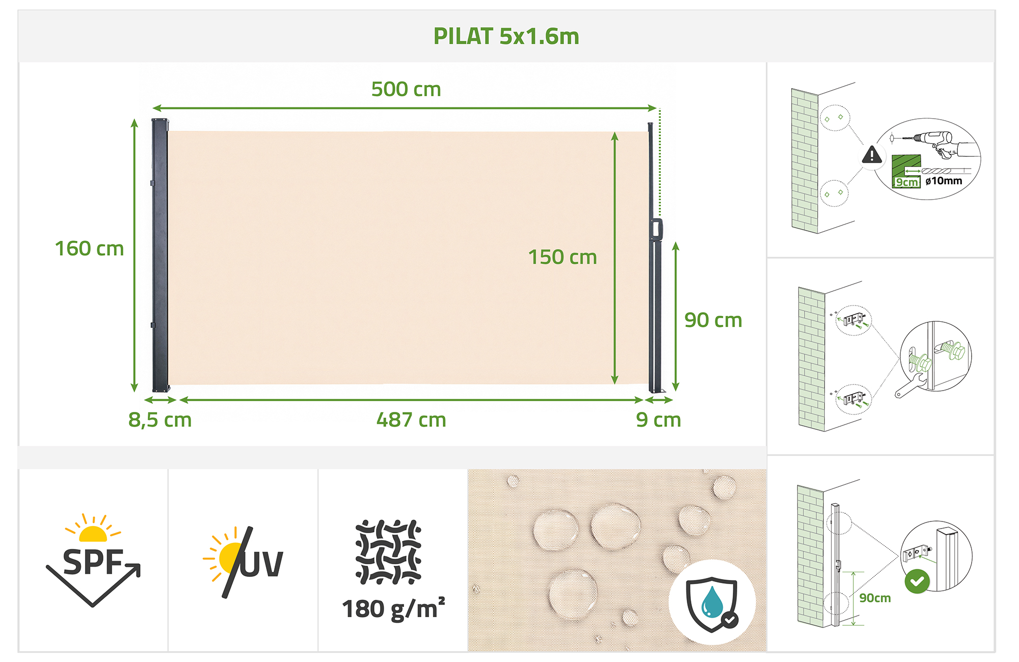 PILAT boční výsuvná markýza 5x1,6 m béžová 13