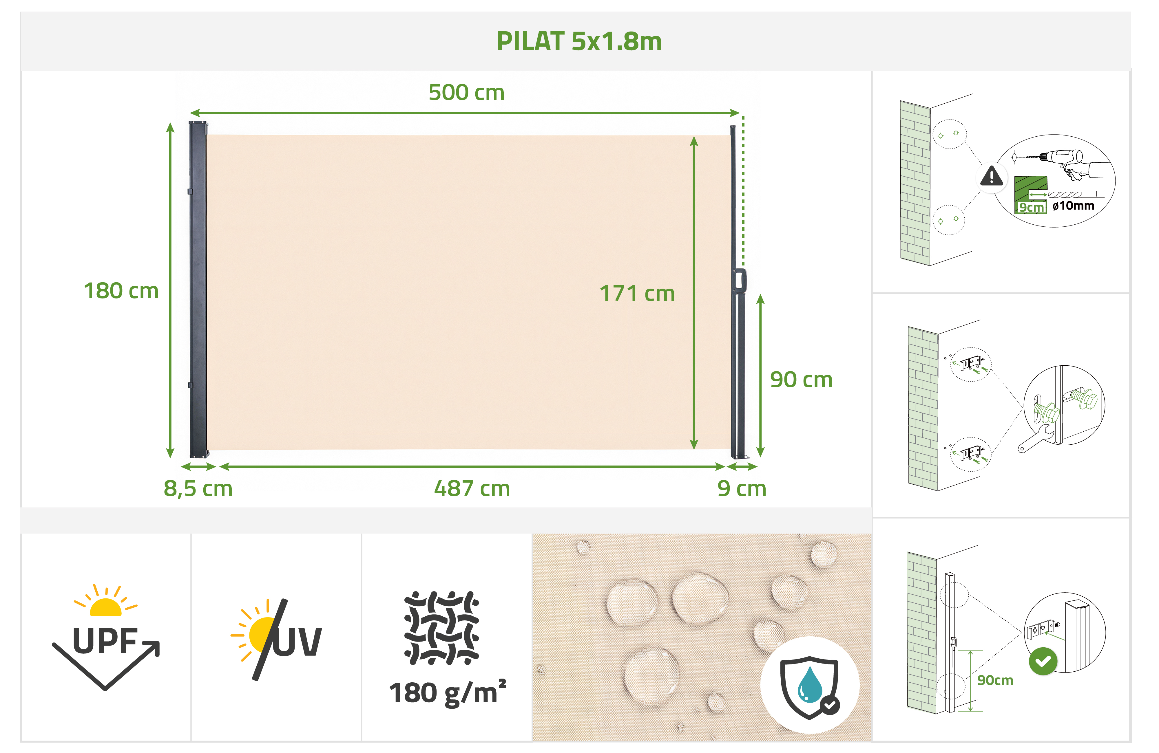 PILAT kihúzható oldalsó napellenző 5x1,8 m bézs 13