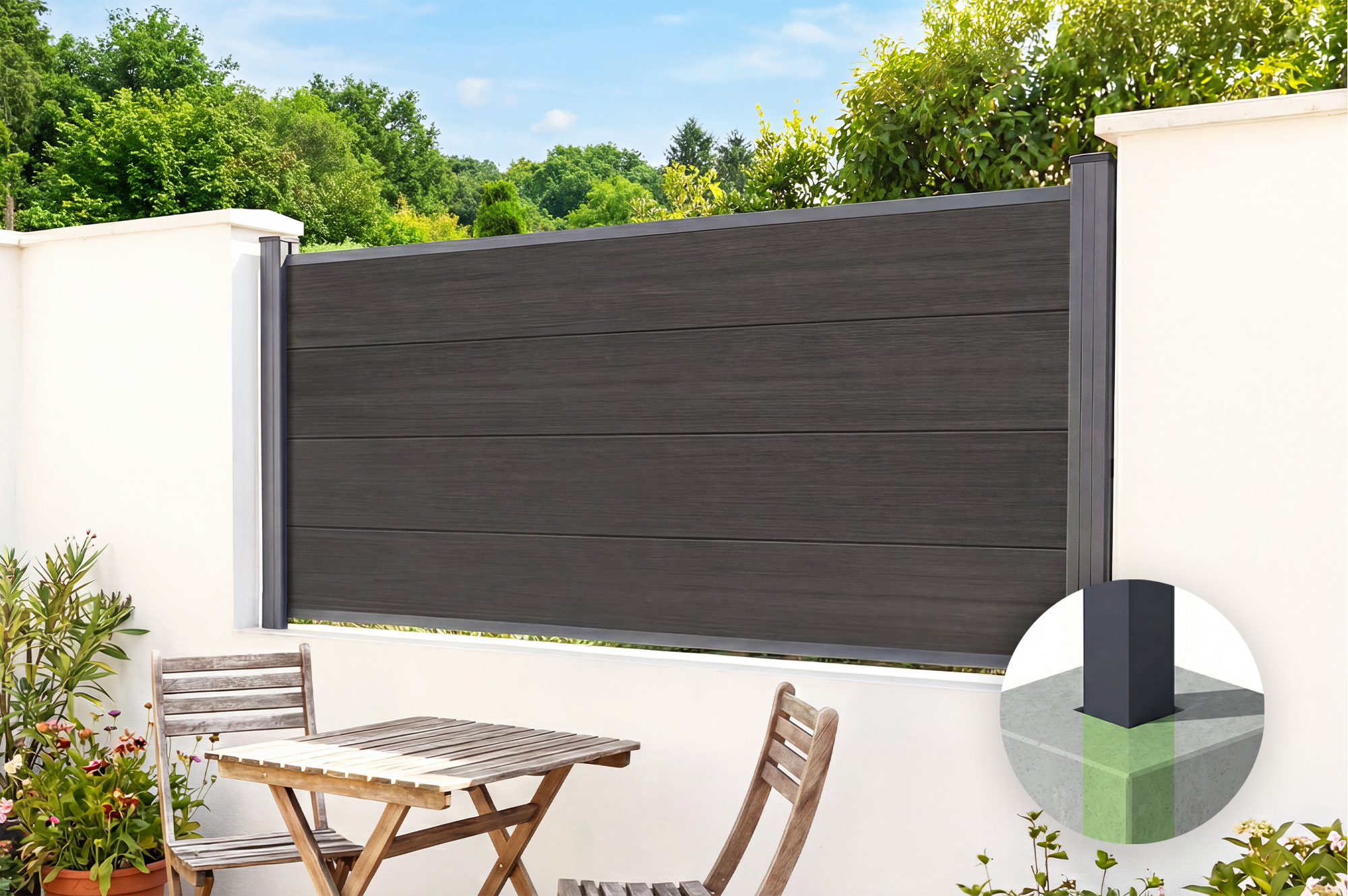 2 meter Stockhorn composiet schutting, 90 cm hoog, voor installatie in de grond, grijs 1