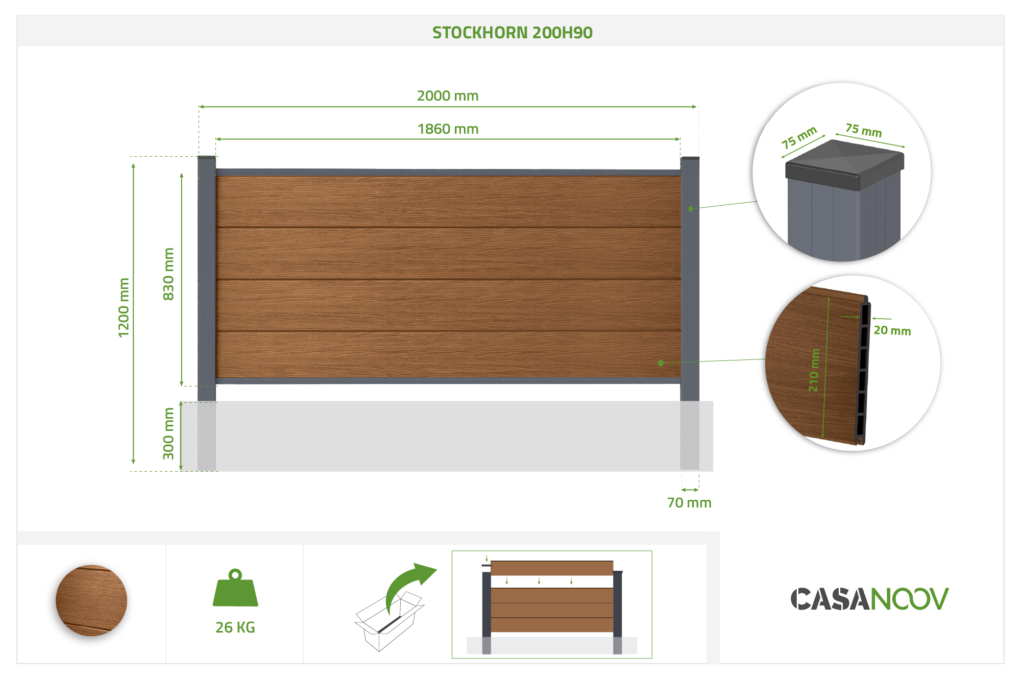 Gard compozit STOCKHORN de 8 m, înălțime 90 cm, lemn de tec, pentru instalare îngropată 4