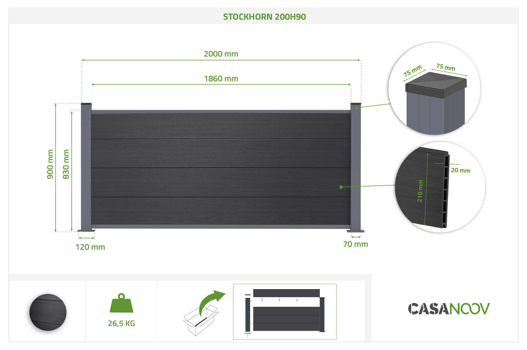 10m kompozitní plot STOCKHORN, výška 90 cm, na šedých základních deskách 4