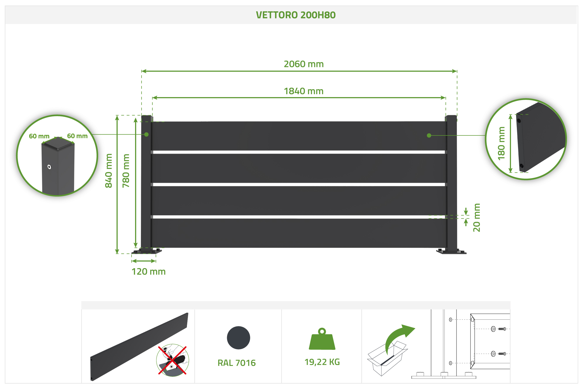 Valla de acero negro semi-calada VETORO de 2 m x 80 cm de alto. 2