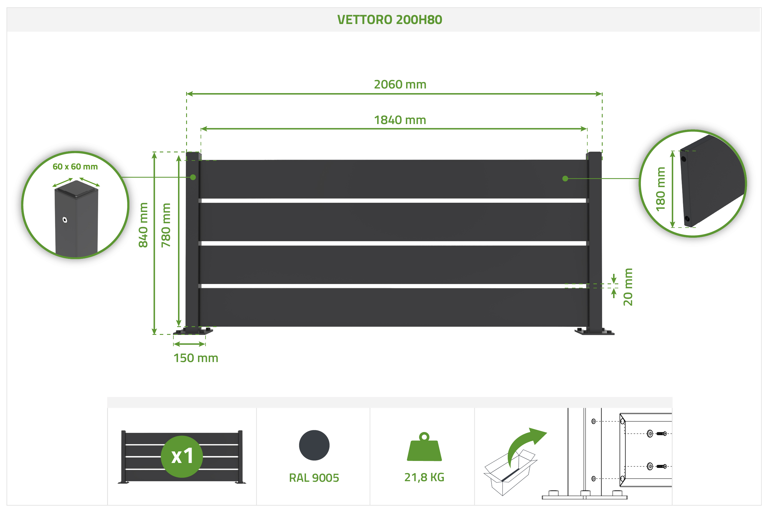 VETTORO 2m x H.80cm semi-openwork black steel fence 2