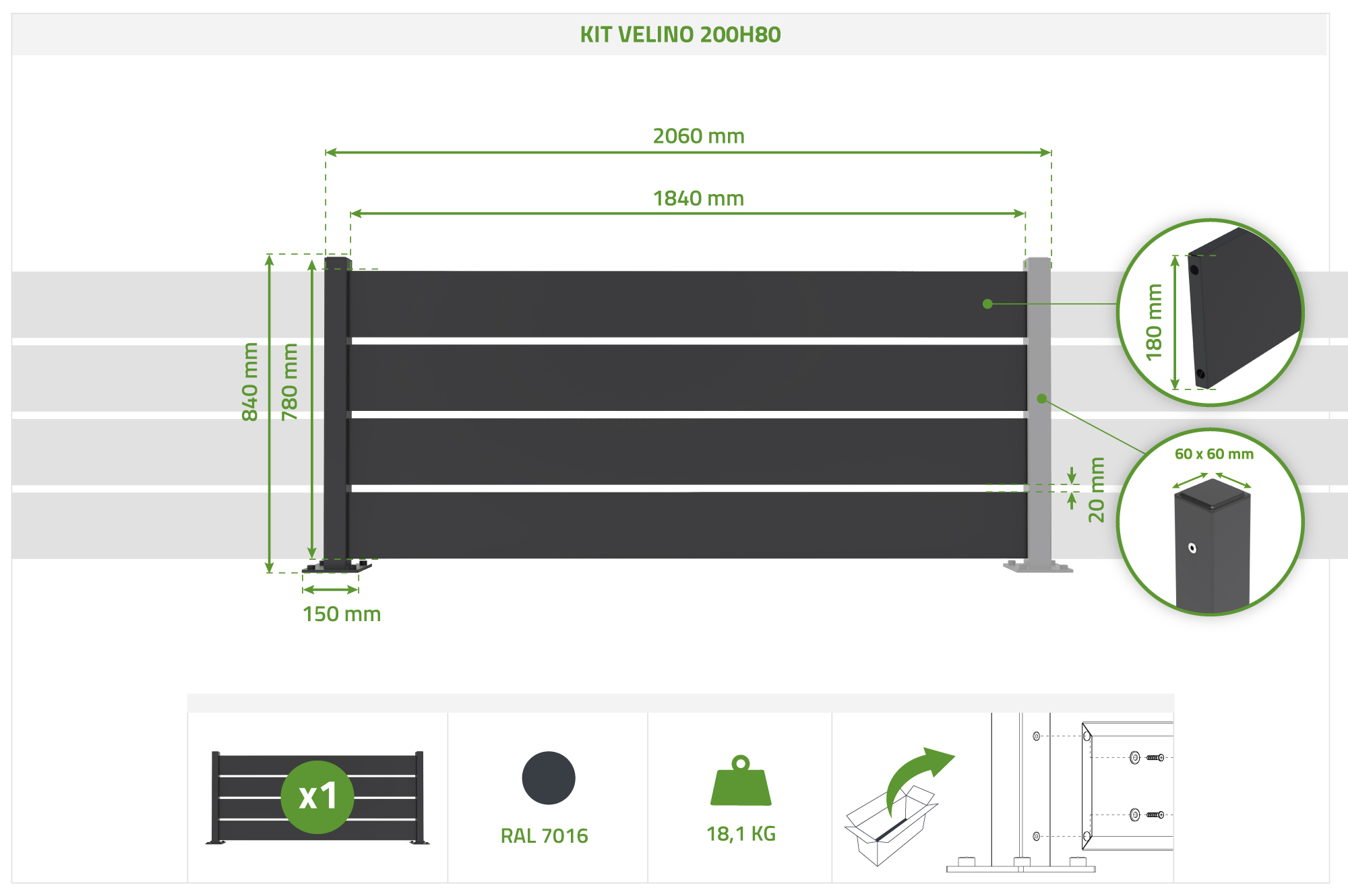 VELINO komplet za podaljšanje pol-otvorene črne jeklene ograje 2 m x V,80 cm 7