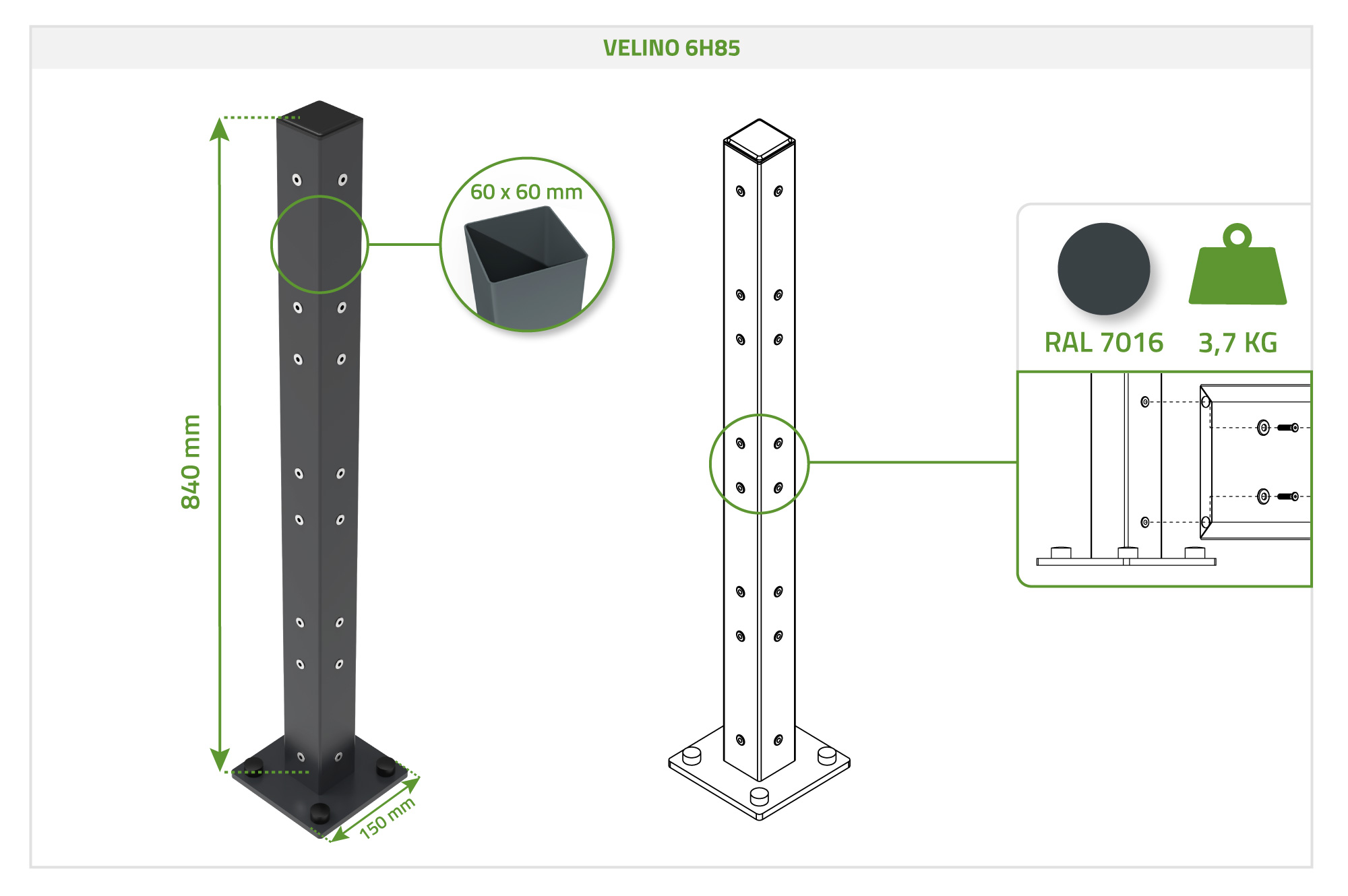 Poteau d’angle sur platine pour clôture VELINO 6x6cm H.84 cm 3