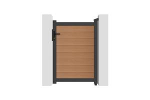 ATHOS draaipoort van 3,5 m hoog en 140 cm van teakhoutcomposiet met aluminium frame + ATHOS voetgangerspoort van 1 m hoog en 140 cm van composietmateriaal 18