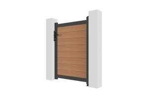 ATHOS draaipoort van 3,5 m hoog en 140 cm van teakhoutcomposiet met aluminium frame + ATHOS voetgangerspoort van 1 m hoog en 140 cm van composietmateriaal 20