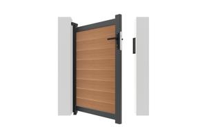 ATHOS draaipoort van 3,5 m hoog en 140 cm van teakhoutcomposiet met aluminium frame + ATHOS voetgangerspoort van 1 m hoog en 140 cm van composietmateriaal 30