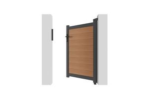 ATHOS draaipoort van 3,5 m hoog en 140 cm van teakhoutcomposiet met aluminium frame + ATHOS voetgangerspoort van 1 m hoog en 140 cm van composietmateriaal 31