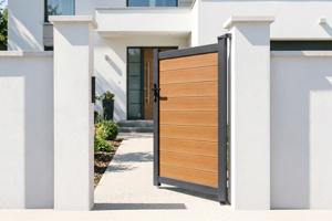 Portail bois composite battant 3,5m ATHOS H.160cm teck avec cadre aluminium + portillon composite ATHOS 1m H.160cm 22