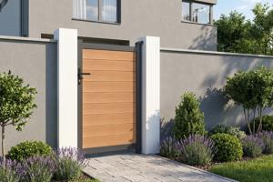 Portail bois composite battant 3,5m ATHOS H.160cm teck avec cadre aluminium + portillon composite ATHOS 1m H.160cm 25
