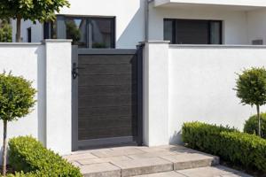 Portail bois composite battant 3m ATHOS H.140cm gris anthracite avec cadre aluminium + portillon composite ATHOS 1m H.140cm 25