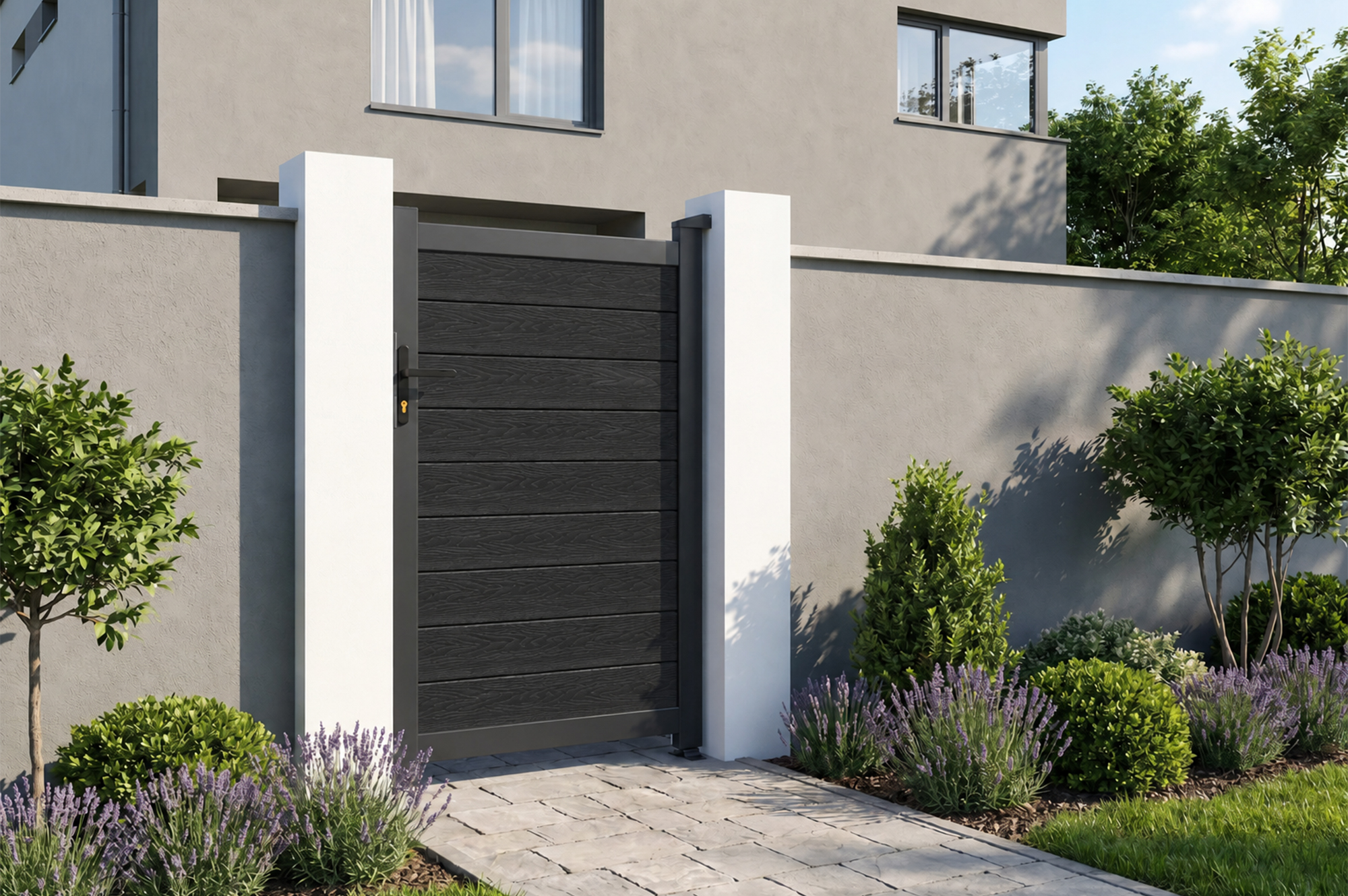 ATHOS 3m H.160cm Anthracite Grey Composite Wood Swing Gate with Aluminium Frame + ATHOS 1m H.160cm Composite Pedestrian Gate 25