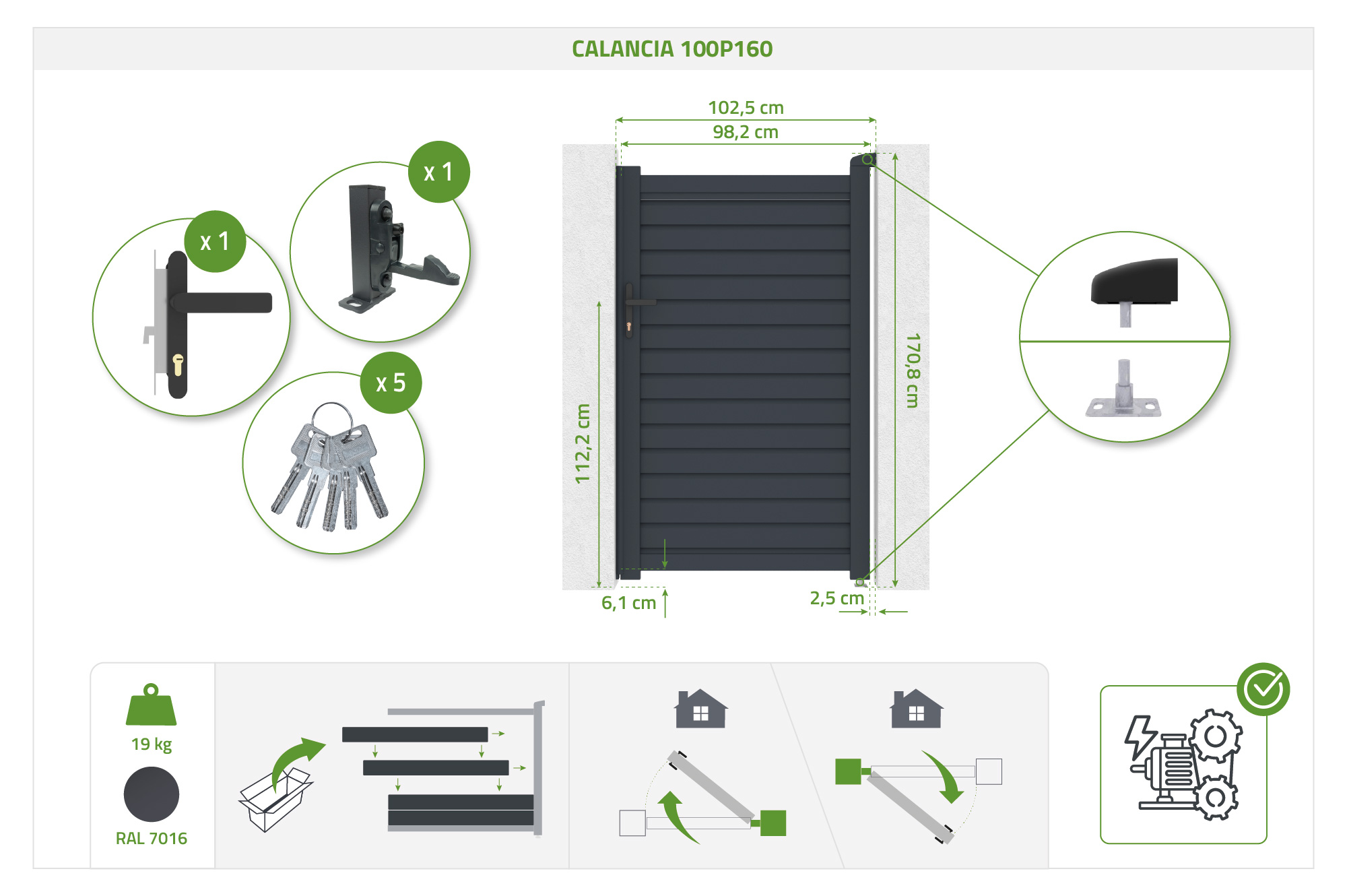 Vartai CALANCIA 1m, aukštis 160cm, pilki aliuminiai 4
