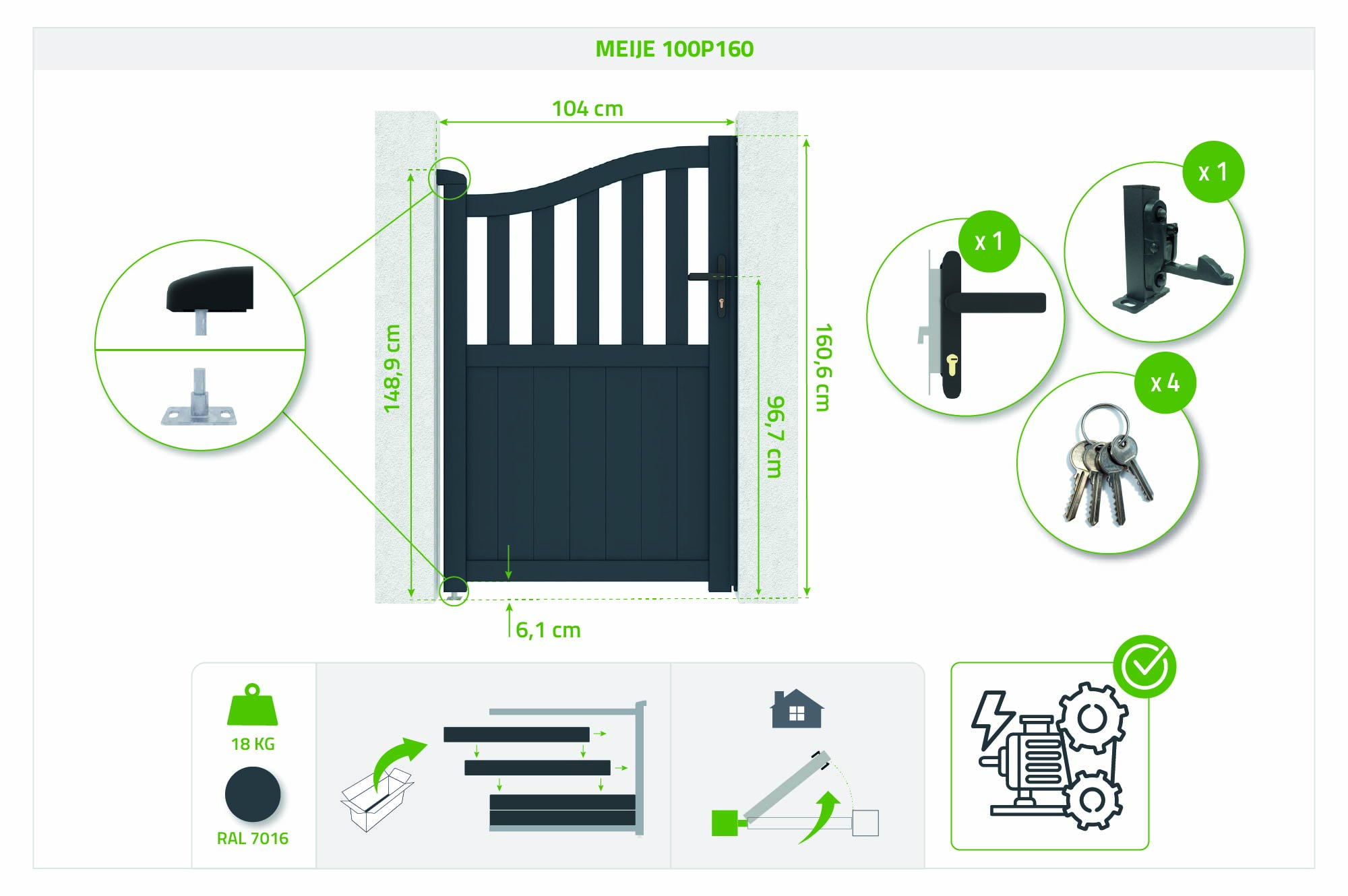 Vārti 1m MEIJE A.160cm pelēks alumīnijs 3