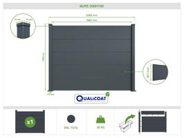 Valla de aluminio con lamas anchas de 10 m de altura, 150 mm, gris antracita - ALPIS 15