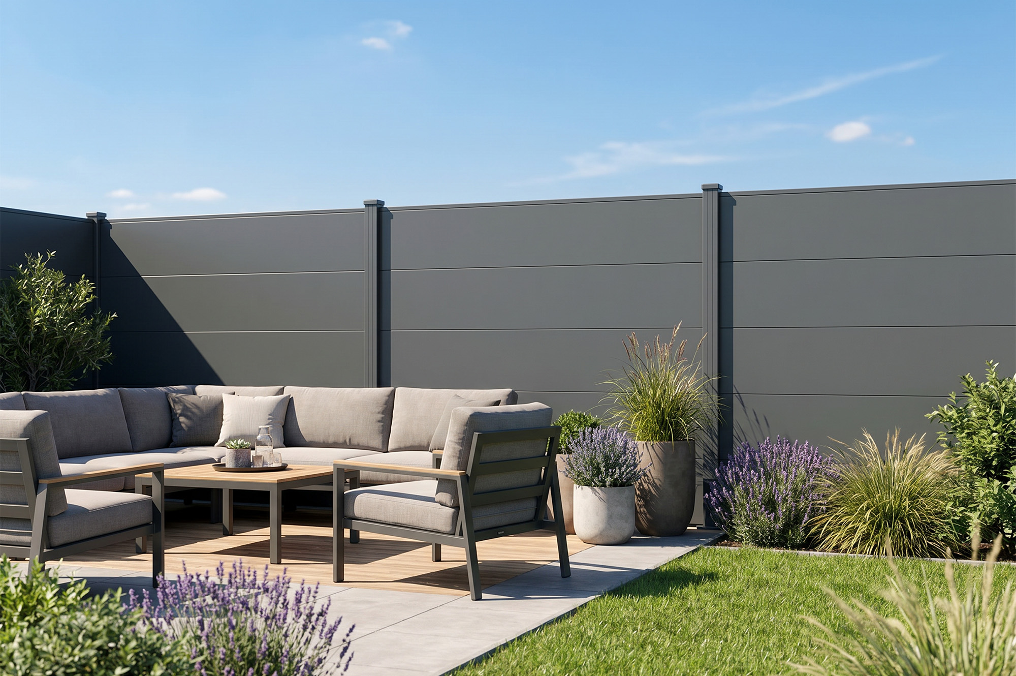 Valla de aluminio con lamas anchas de 10 m de altura, 150 mm, gris antracita - ALPIS 14
