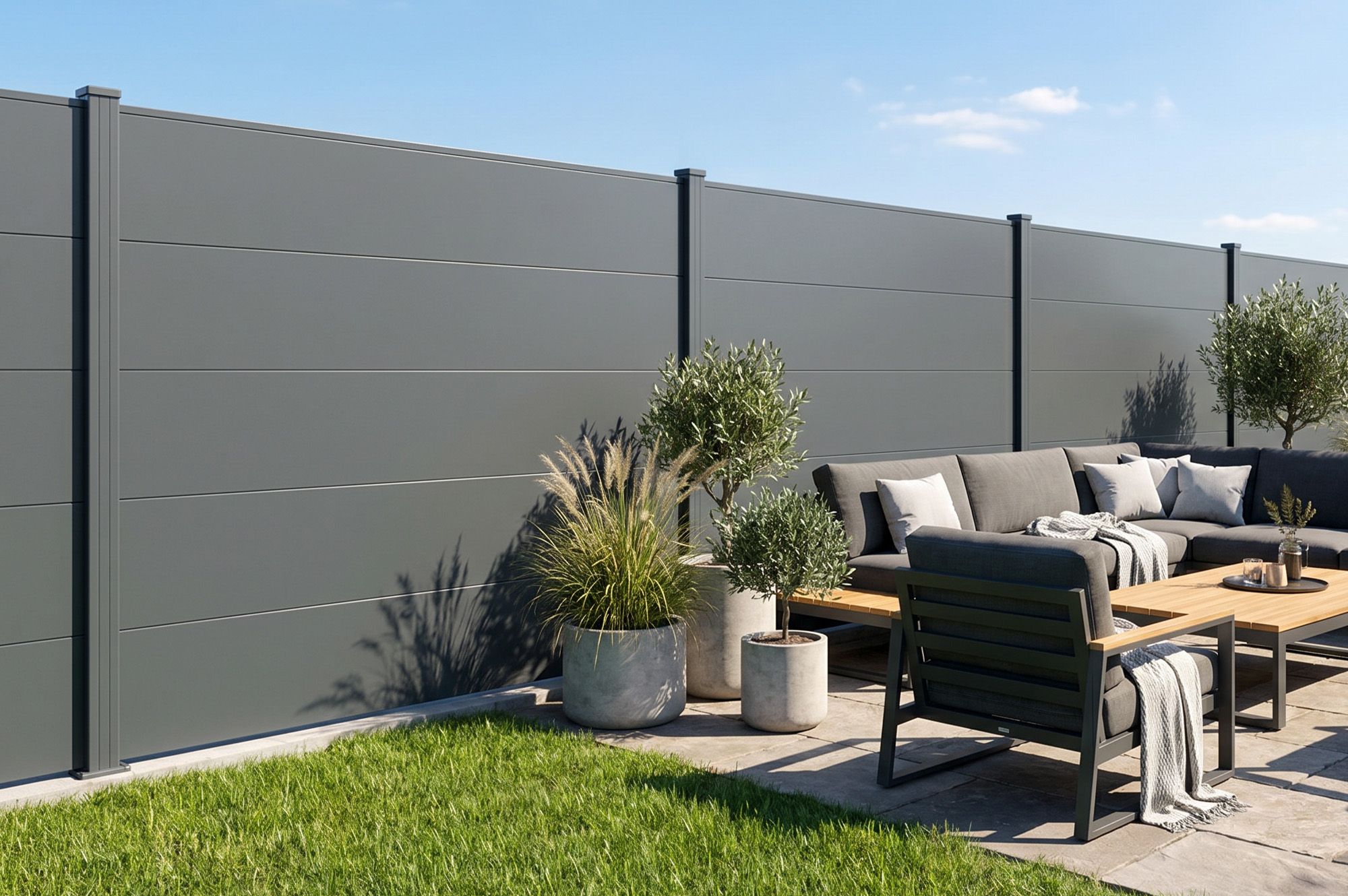 Valla de aluminio con lamas anchas de 10 m de altura, 150 mm, gris antracita - ALPIS 17