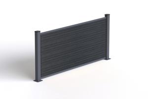 10 m hoher PRIEL-Verbundzaun in Holzoptik, 90 cm hoch, auf grauen Bodenplatten 5