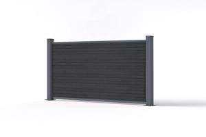 10 m hoher PRIEL-Verbundzaun in Holzoptik, 90 cm hoch, auf grauen Bodenplatten 6