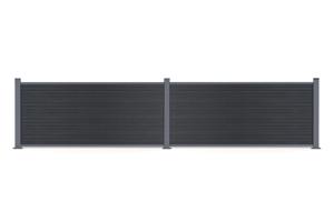 10 m hoher PRIEL-Verbundzaun in Holzoptik, 90 cm hoch, auf grauen Bodenplatten 3