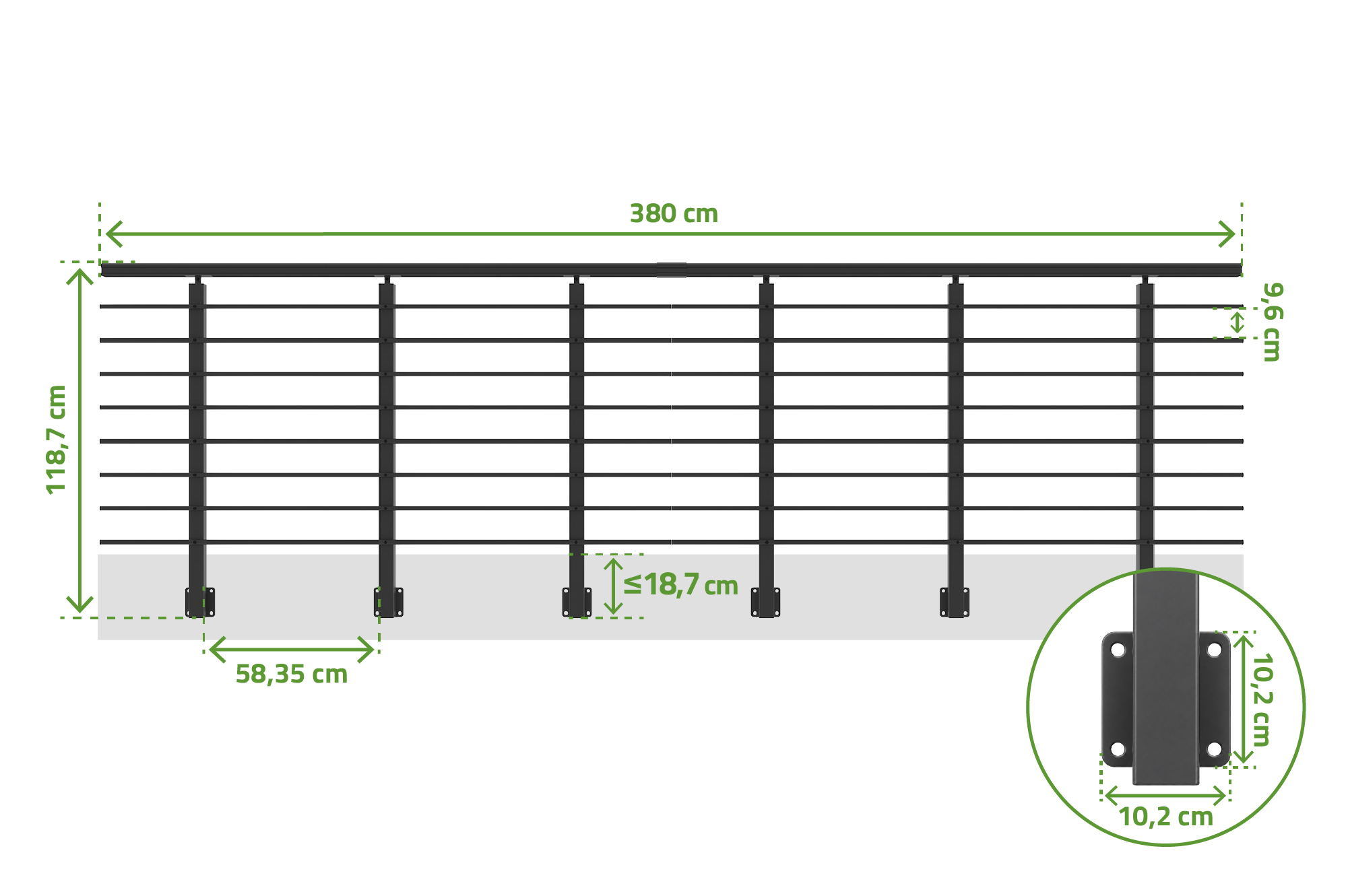 Balustradă din aluminiu gri antracit, 380 cm, pentru montare pe perete cu accesorii - KORAB 3