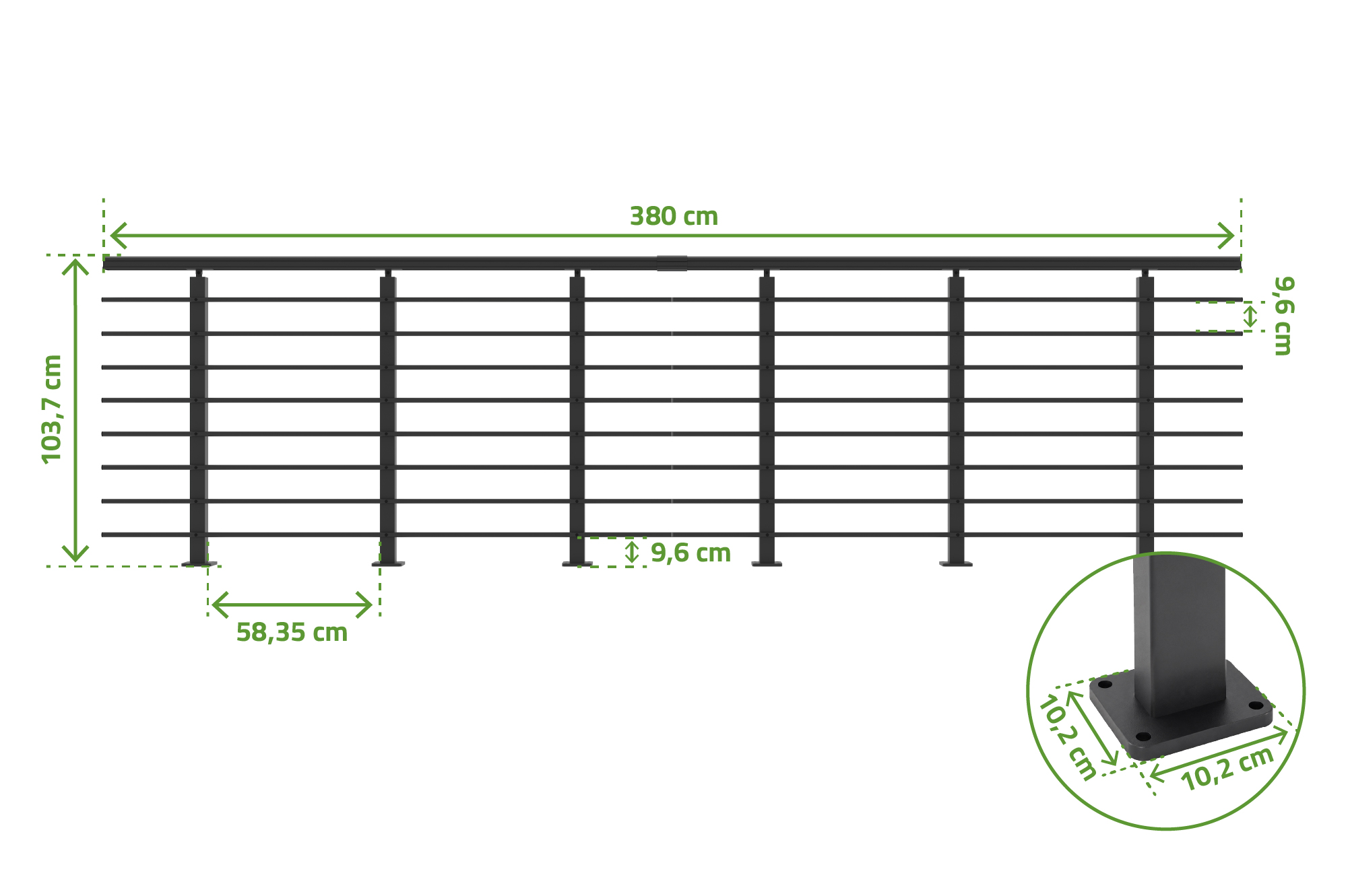 Balustradă din aluminiu gri antracit, 1140 cm, pentru montare pe podea cu accesorii - KORAB 5