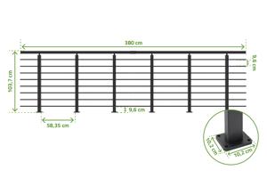 Balustradă din aluminiu gri antracit, 1140 cm, pentru montare pe podea cu accesorii - KORAB 5