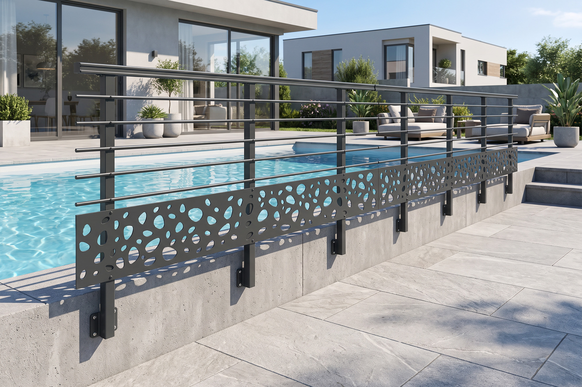 Balustradă din aluminiu gri antracit, 1140 cm, pentru montare pe perete cu accesorii - model cu pietricele KORAB SUNNY 9