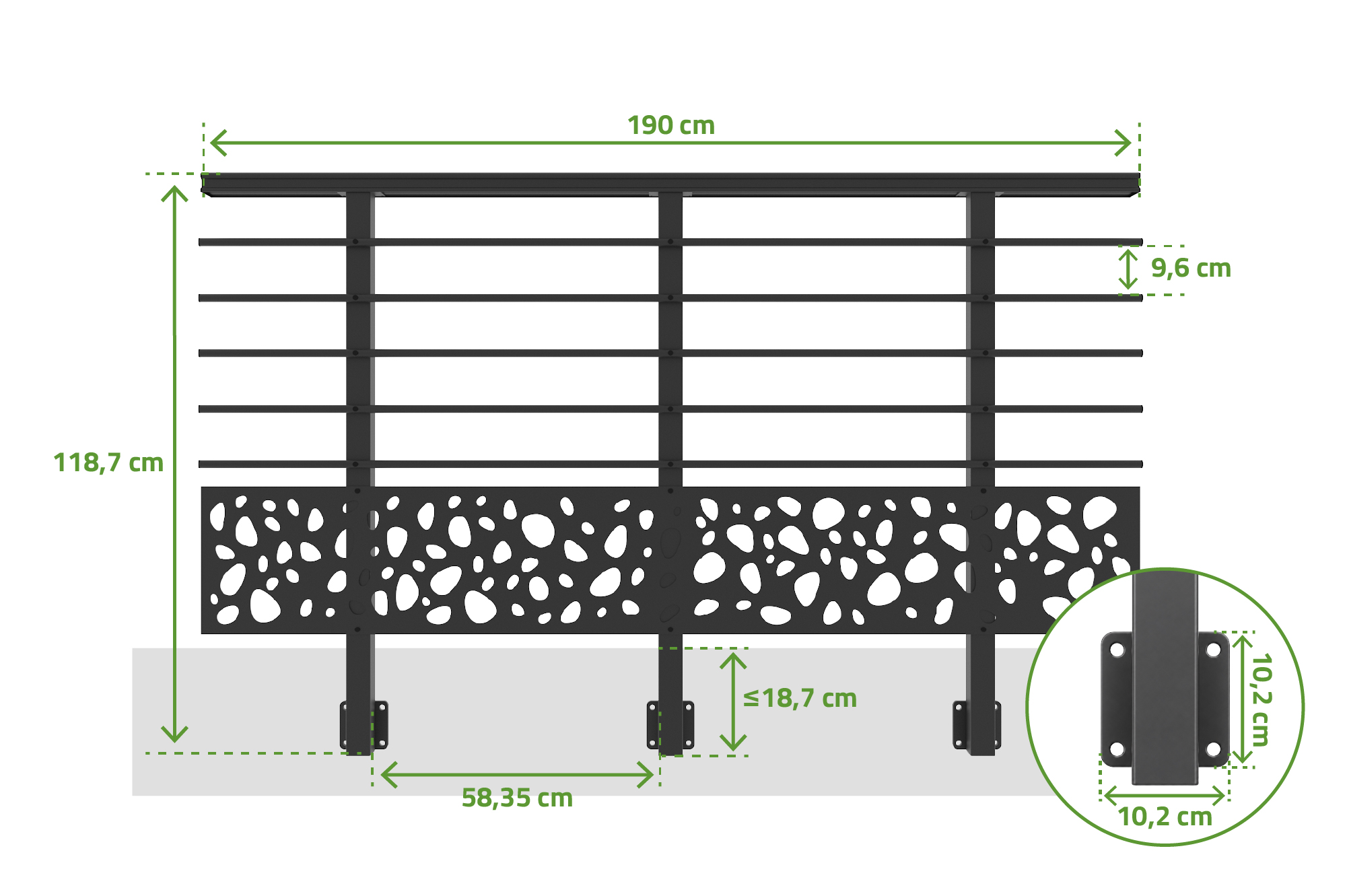 Balustradă din aluminiu gri antracit, 1140 cm, pentru montare pe perete cu accesorii - model cu pietricele KORAB SUNNY 5