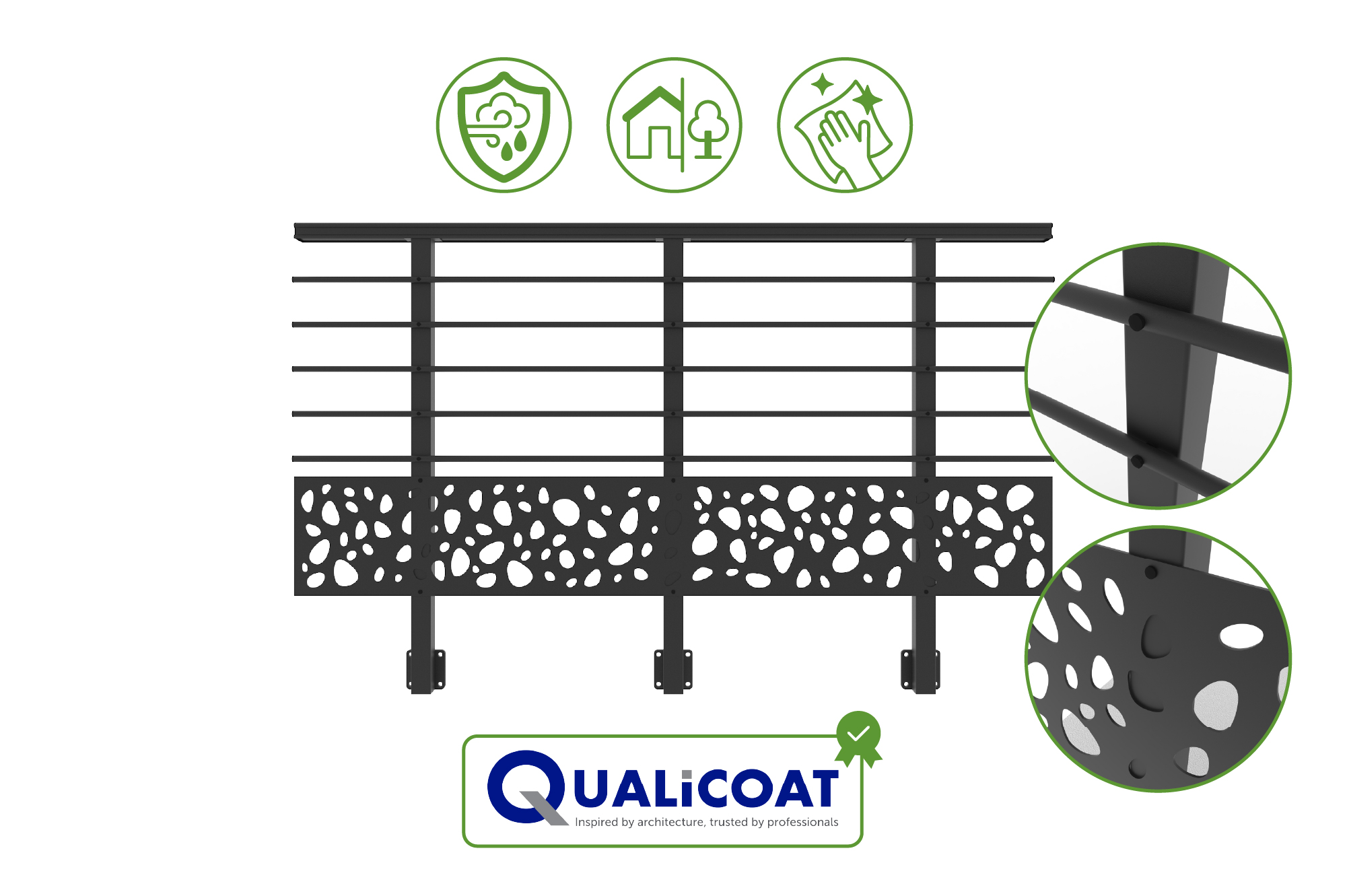 Balustradă din aluminiu gri antracit, 1140 cm, pentru montare pe perete cu accesorii - model cu pietricele KORAB SUNNY 10