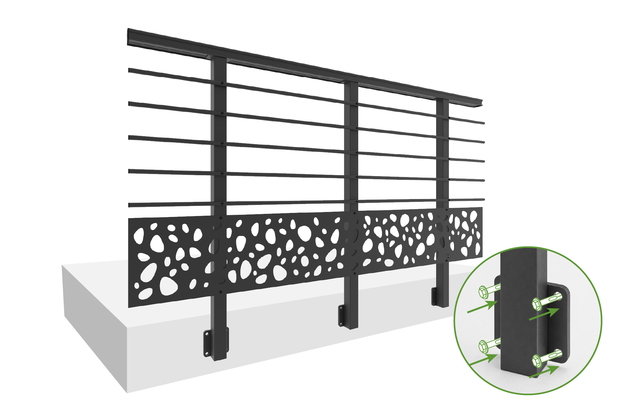 Balustradă din aluminiu gri antracit, 1140 cm, pentru montare pe perete cu accesorii - model cu pietricele KORAB SUNNY 6