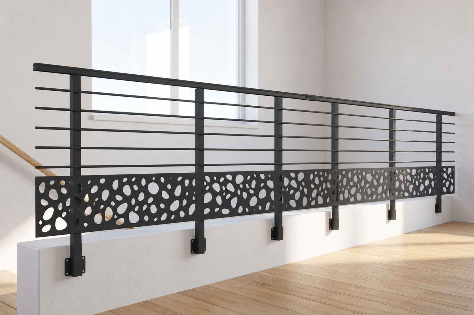 Balustradă din aluminiu gri antracit, 1140 cm, pentru montare pe perete cu accesorii - model cu pietricele KORAB SUNNY 7