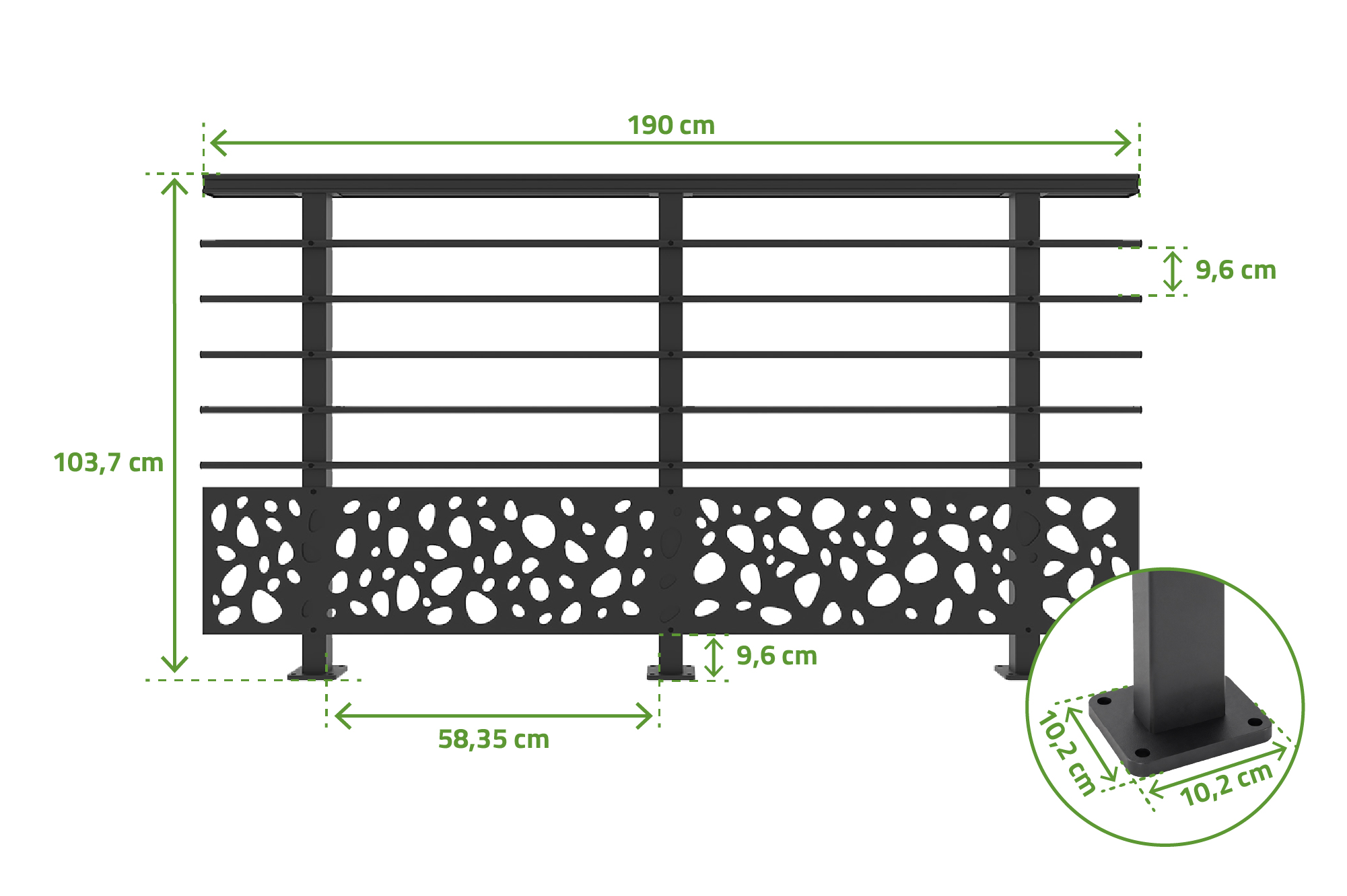 Balustradă din aluminiu gri antracit, 190 cm, pentru montare pe podea cu accesorii - model cu pietricele KORAB SUNNY 3