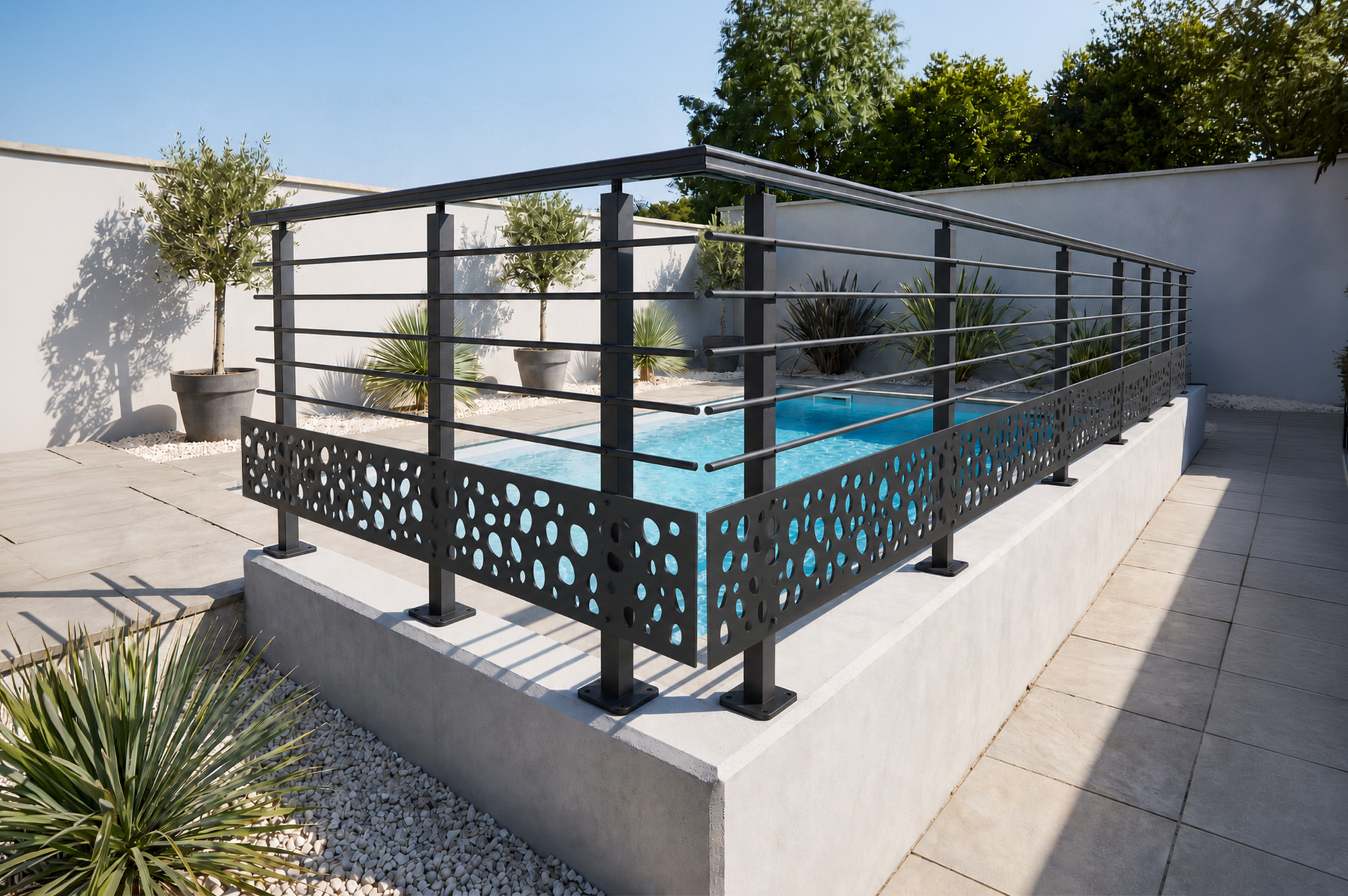 Balustradă din aluminiu gri antracit, 190 cm, pentru montare pe podea cu accesorii - model cu pietricele KORAB SUNNY 7