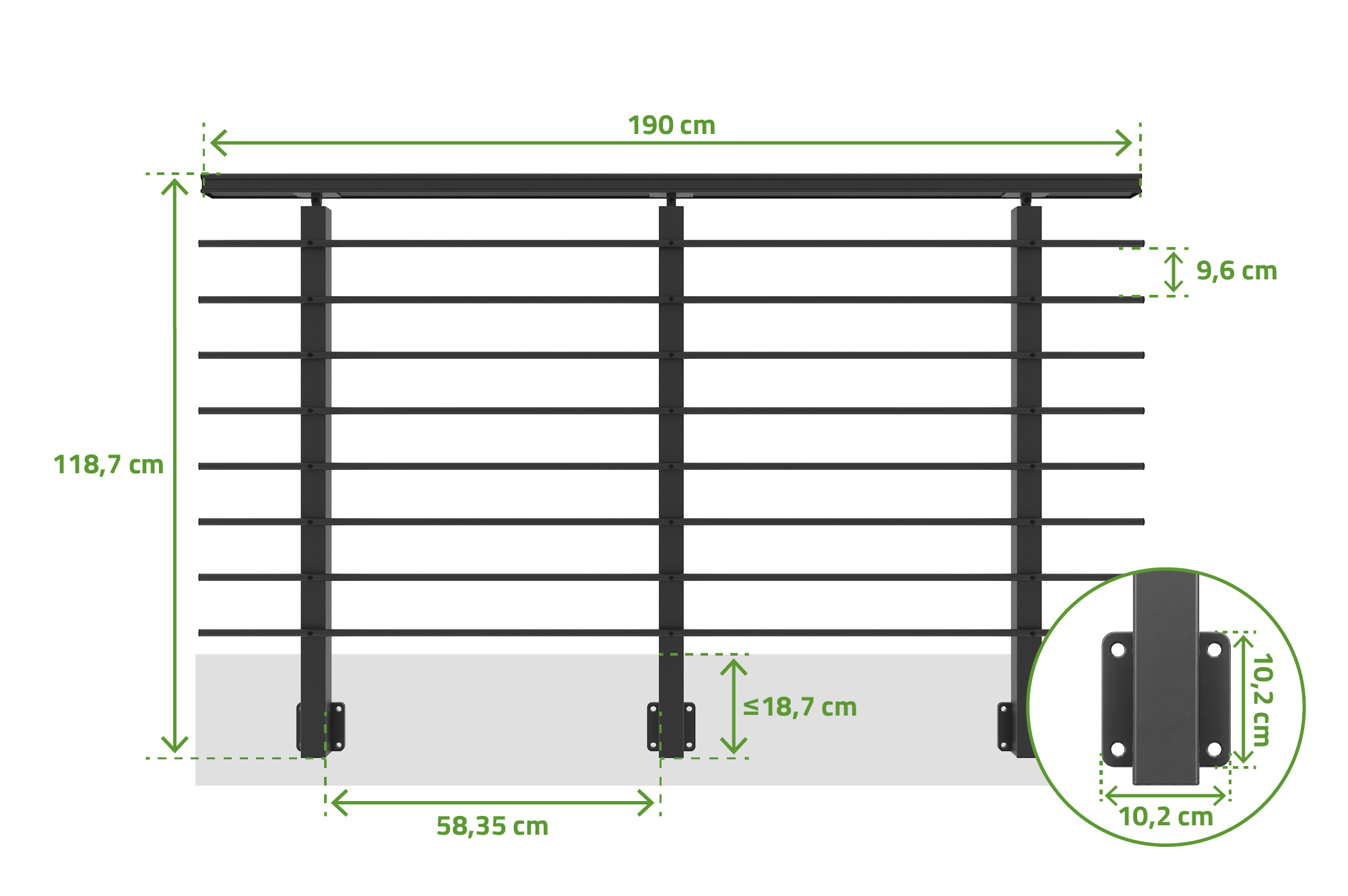 Balustradă din aluminiu gri antracit, 190 cm, pentru montare pe perete cu accesorii - KORAB 3