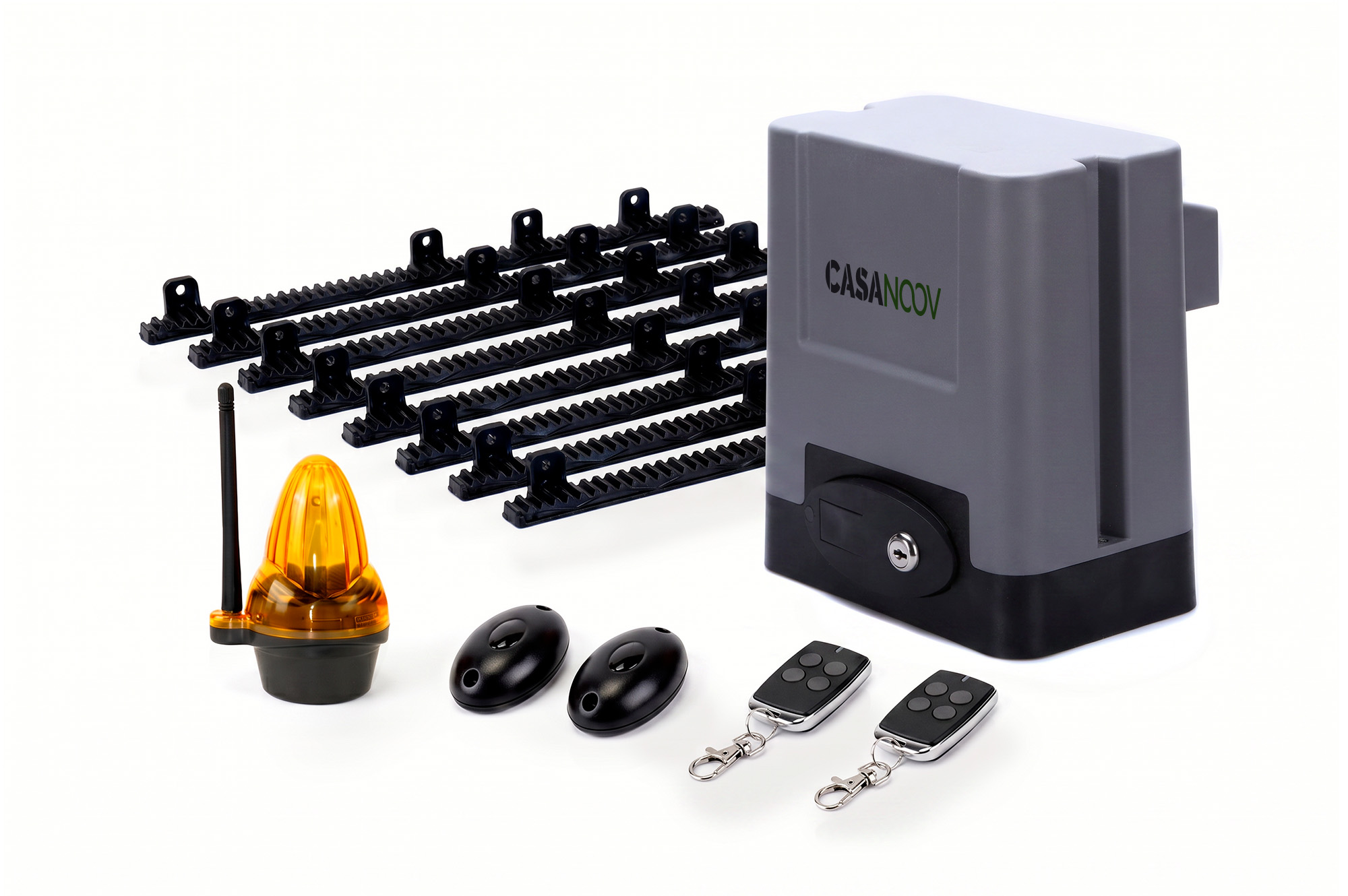 Moteur portail coulissant 300 kg VALTOR – Kit complet avec crémaillère, télécommandes, photocellules et lampe main_image