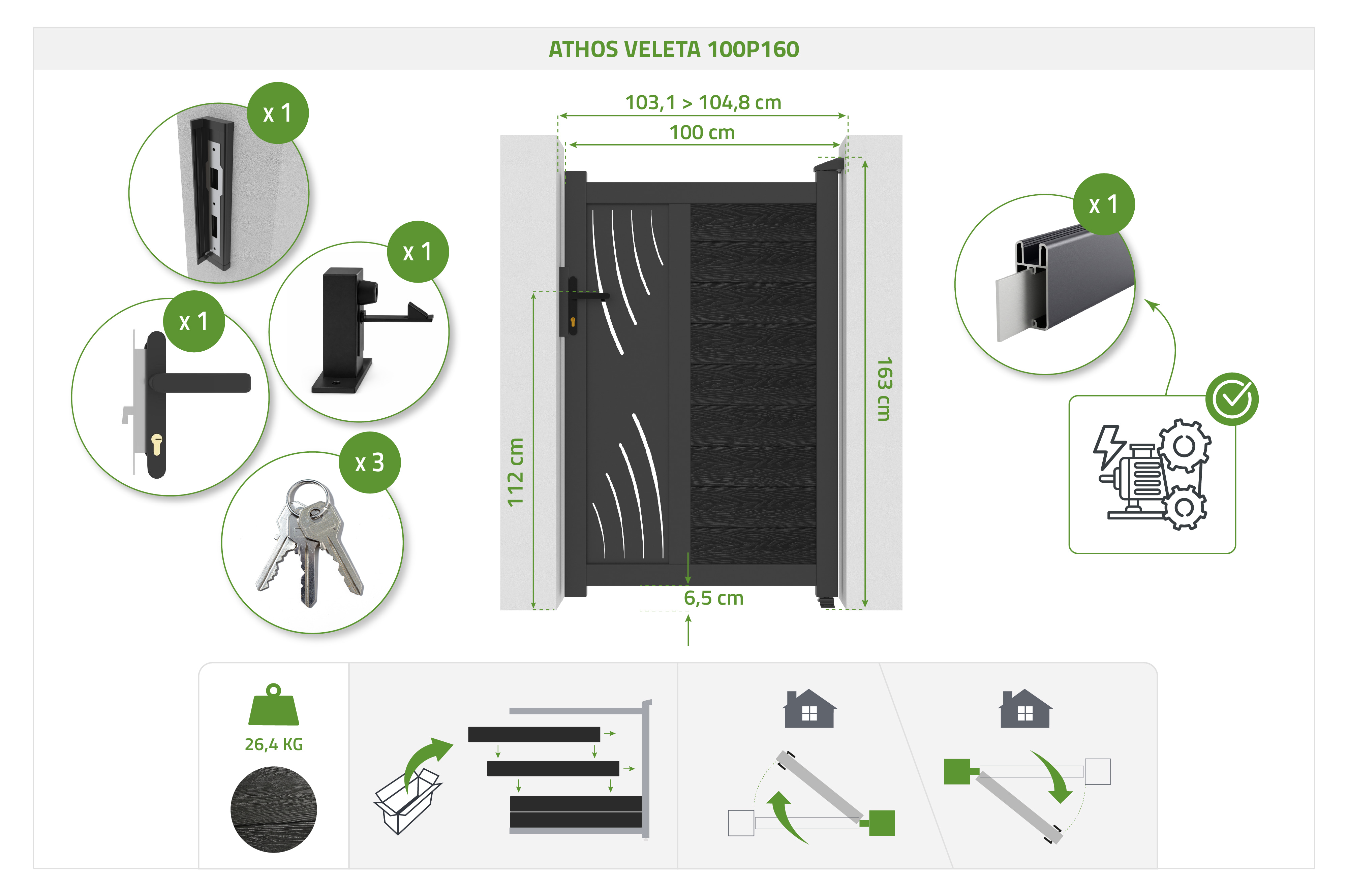 ATHOS VELETA 1 m magas, 160 cm antracit szürke kompozit fa kapu alumínium kerettel 4