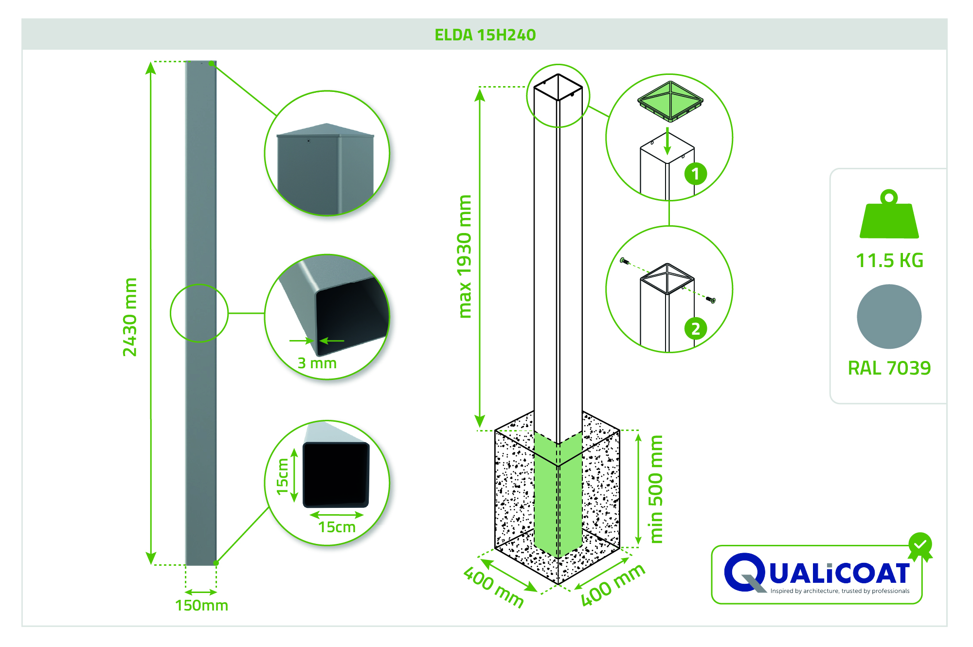 Set mit 2 ELDA-Pfosten 15x15cm Aluminium H.240cm Quarzgrau 4