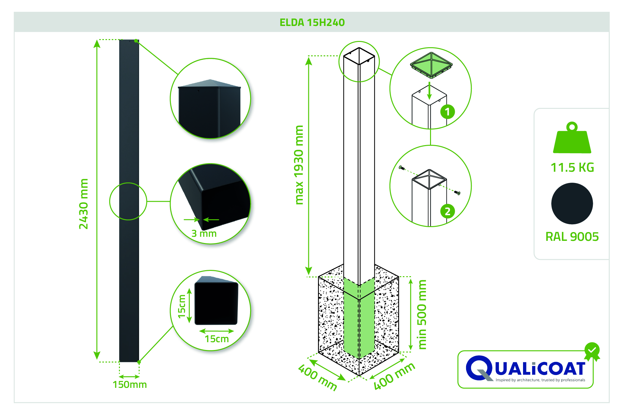 Set mit 2 ELDA-Pfosten 15x15cm Aluminium H.240cm schwarz 4